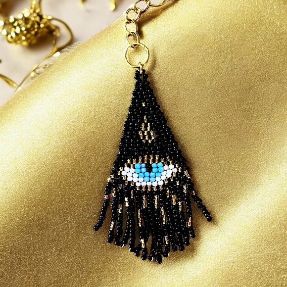Evil Eye Bag Charm with Hand Beaded Glass Seed Beads and Gold Toned Clasp - Picture 14 of 17